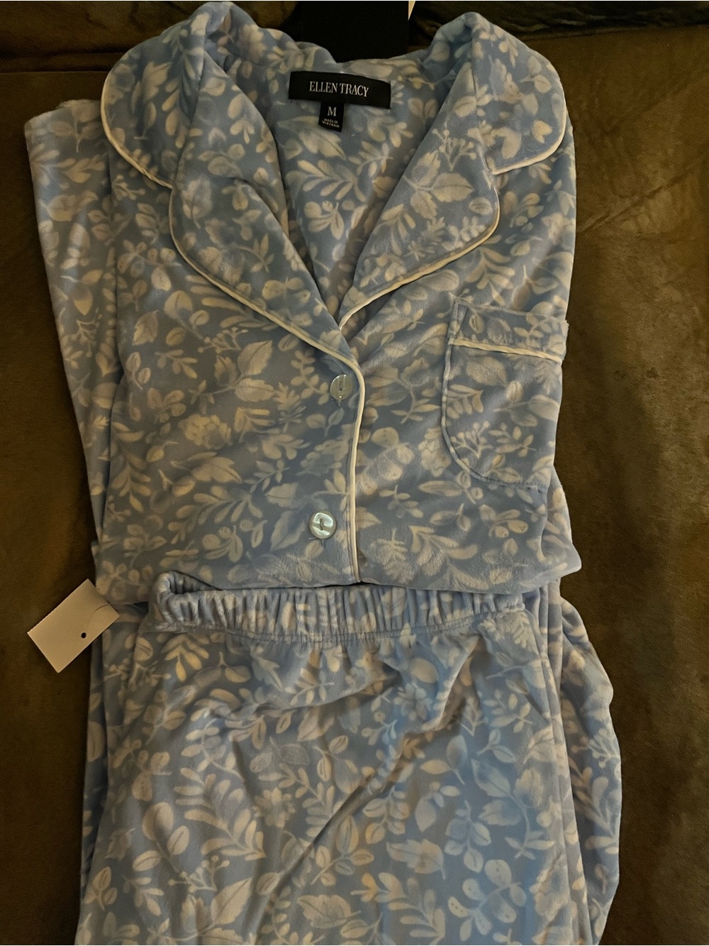 Ellen Tracy Light Blue and White Floral Plush Pajama Set
